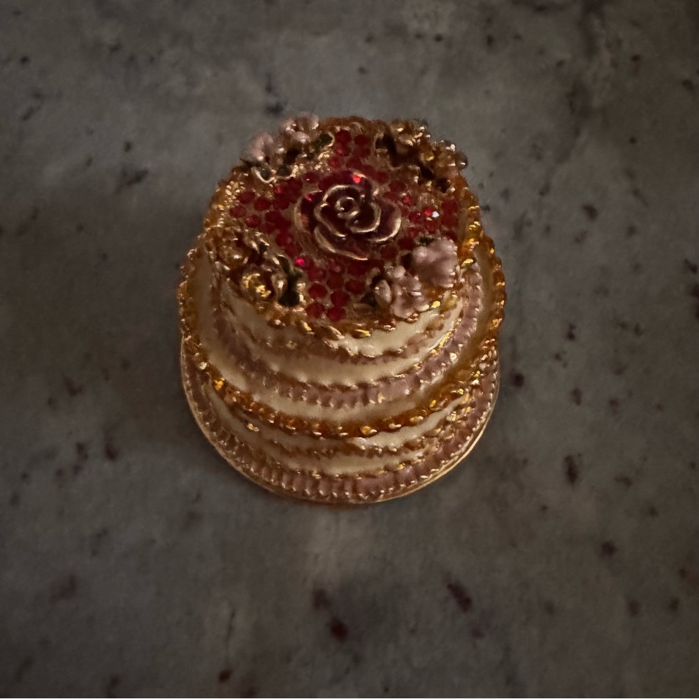 Pink Cake with Red Crystals and Burgundy and Pink Flowers Trinket Box